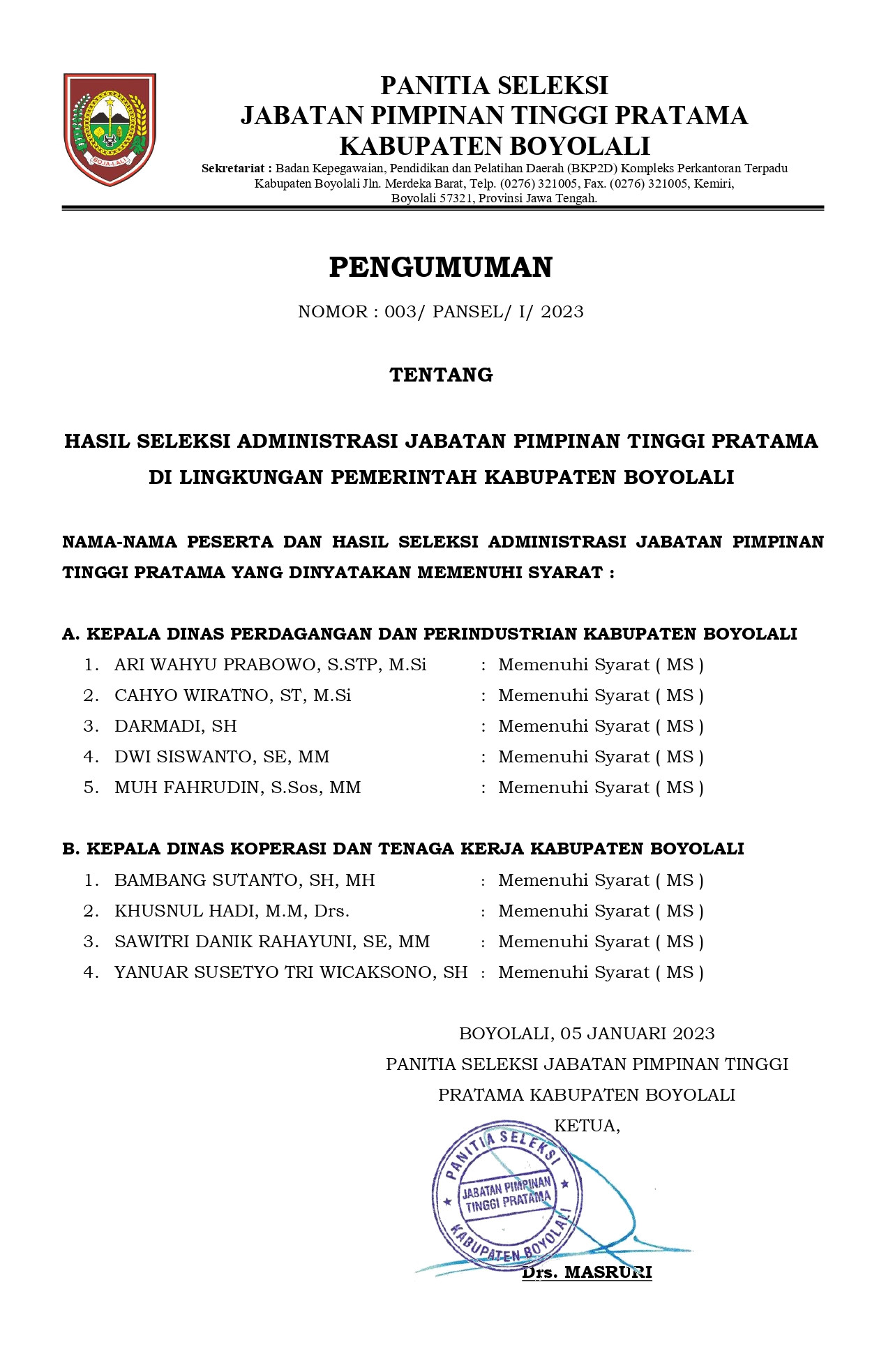 Pengumuman seleksi administrasi JPT Pratama Kab. Boyolali Tahun 2023
